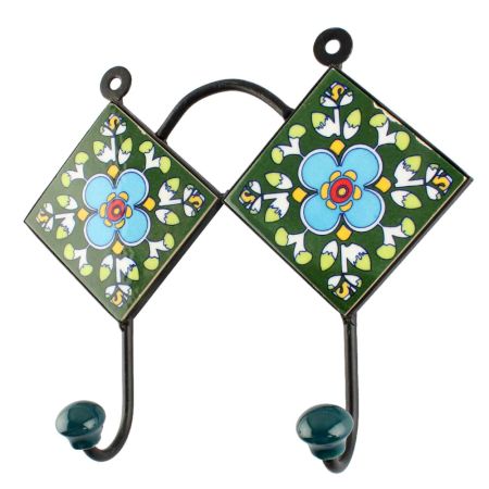 Turquoise Floral Ceramic Tile Wall Hook